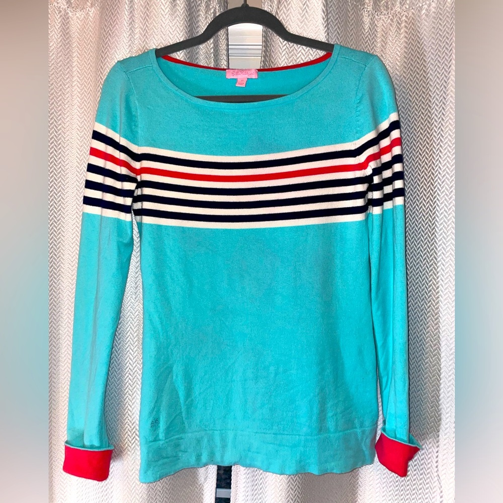 LILLY PULITZER CASUAL STRIPED SWEATER WITH COLOR-BLOCK SLEEVE